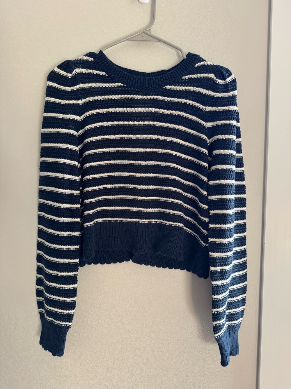 LC Lauren Conrad Navy and White Striped Crewneck Sweater back bows